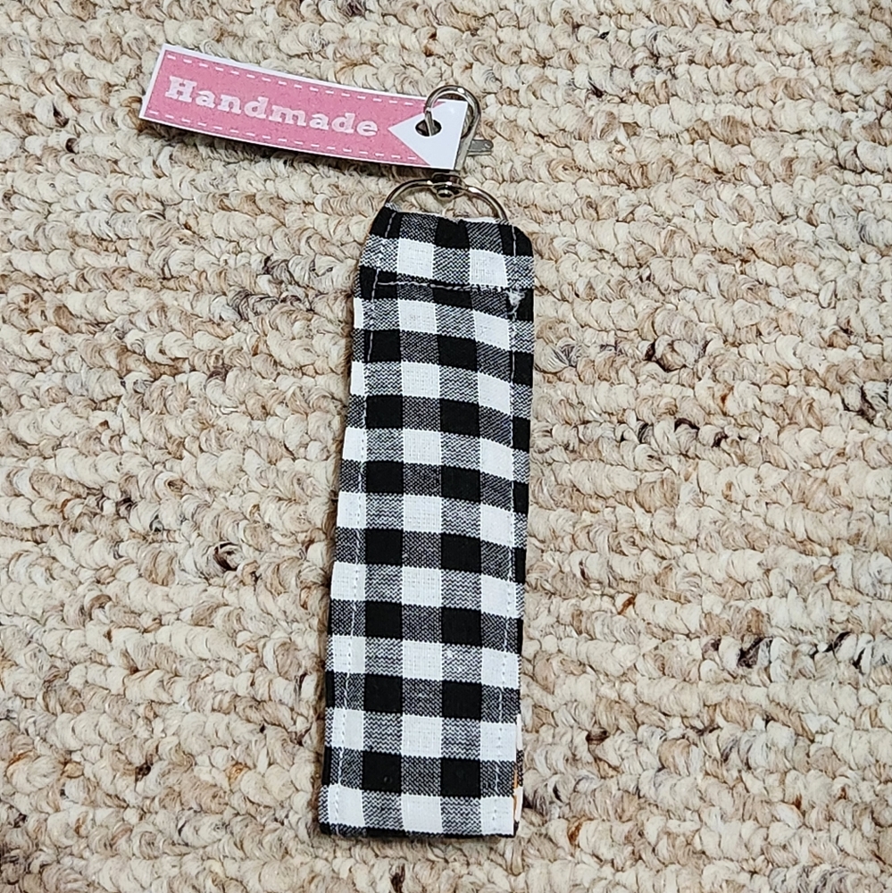 Handmade Black and White Plaid with Orange and White Polka Dot Key Fob